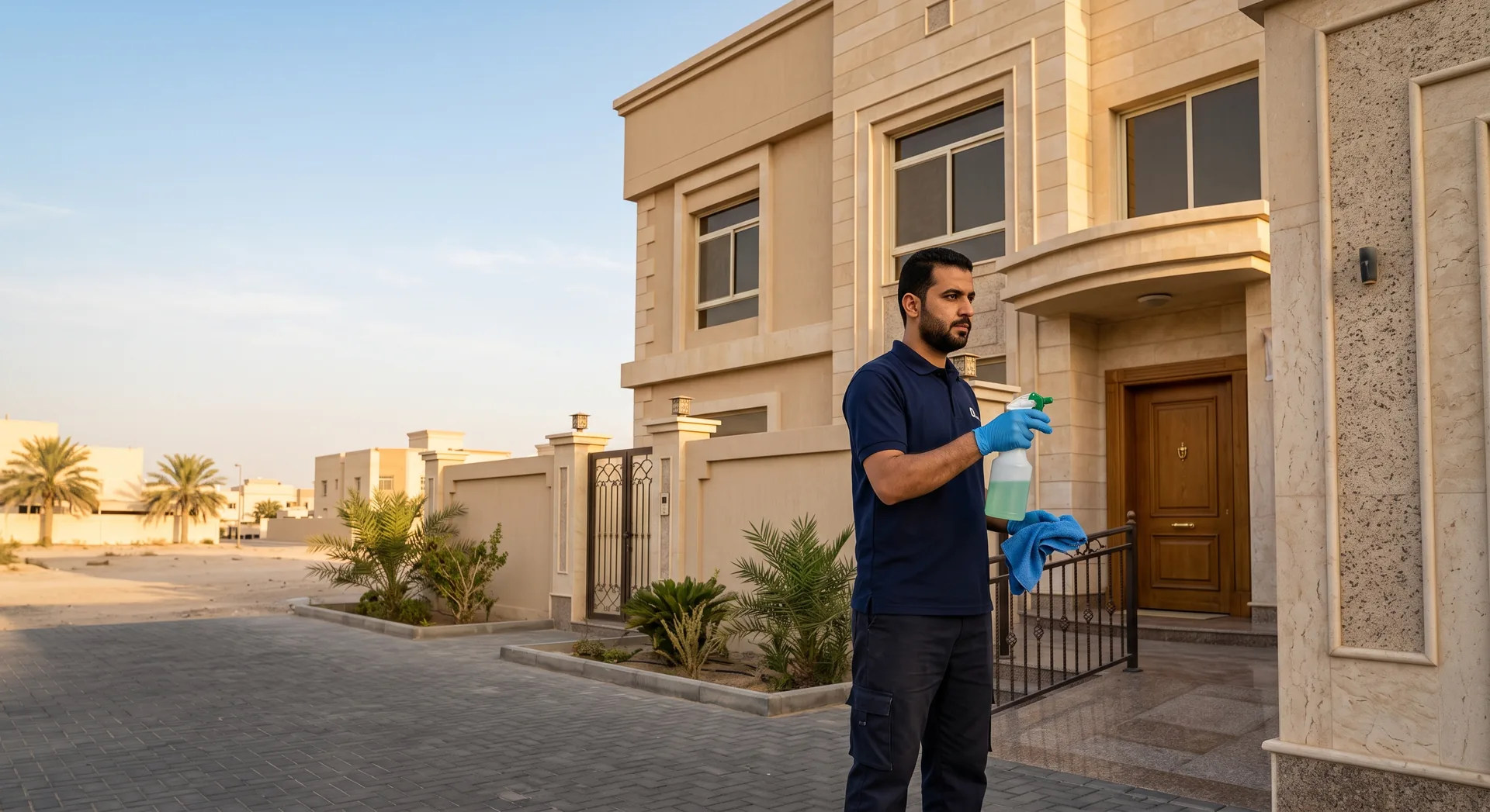 عامل تنظيف بزي شركة الكويت للتنظيف يجهّز مواد التنظيف أمام فيلا سكنية في الجهراء - شركة تنظيف الجهراء